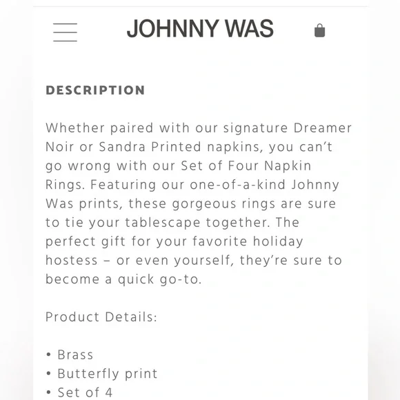 NWT set of 4 Johnny Was Butterfly 🦋 Brass Napkin Rings. - Picture 5 of 8